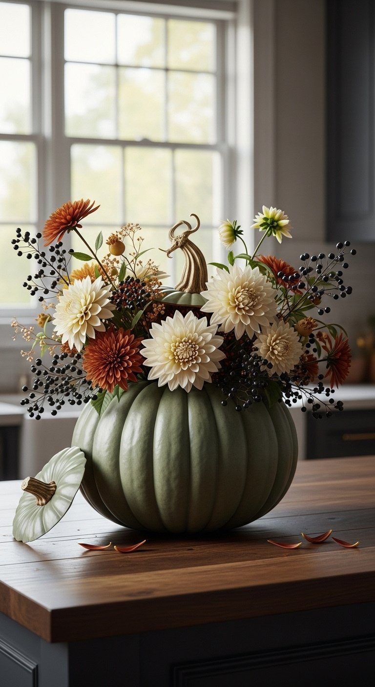 Fall kitchen table decor with a unique sage green pumpkin vase filled with cream dahlias rust mums and dark berries