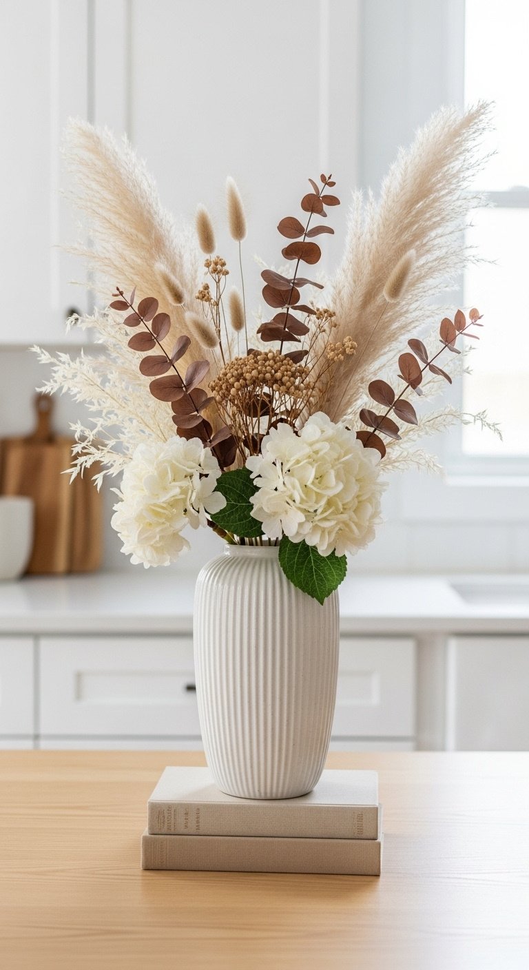 Fall kitchen table decor with long lasting dried and faux florals pampas grass bunny tails eucalyptus and cream hydrangeas in a white vase