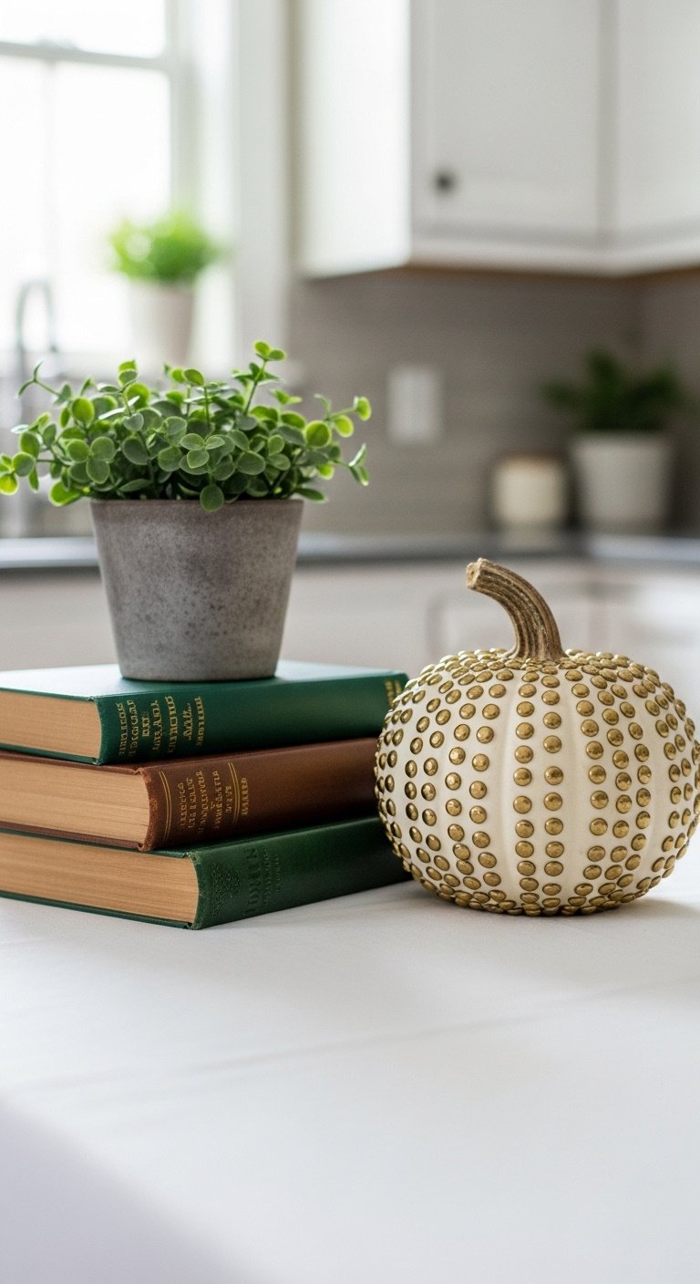 Fall kitchen table decor with non traditional decor including antique books a potted plant and a white pumpkin with gold upholstery tacks