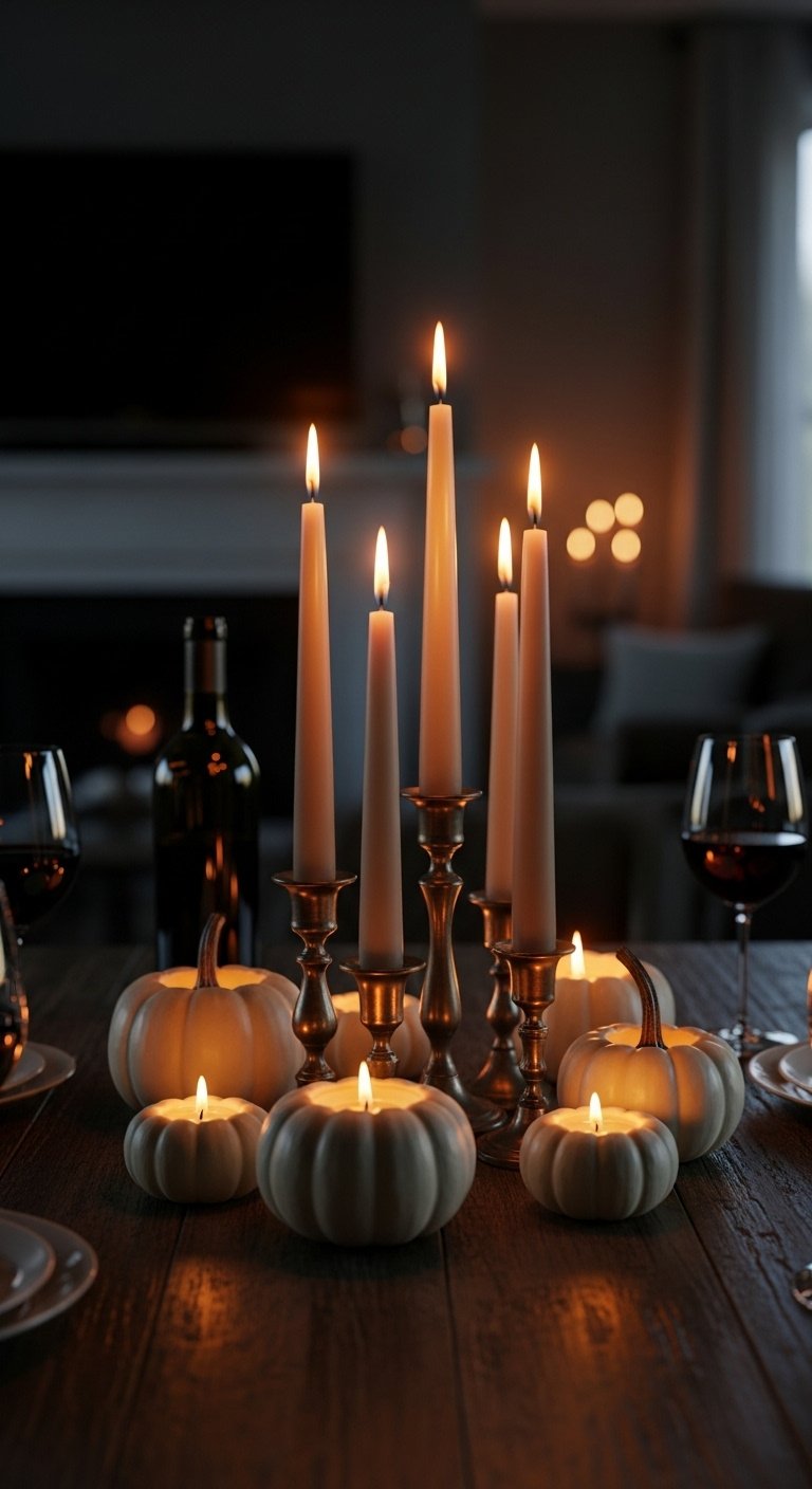 Fall kitchen table decor with warm ambient glow from beige taper candles in brass holders and mini pumpkins with flickering tea lights