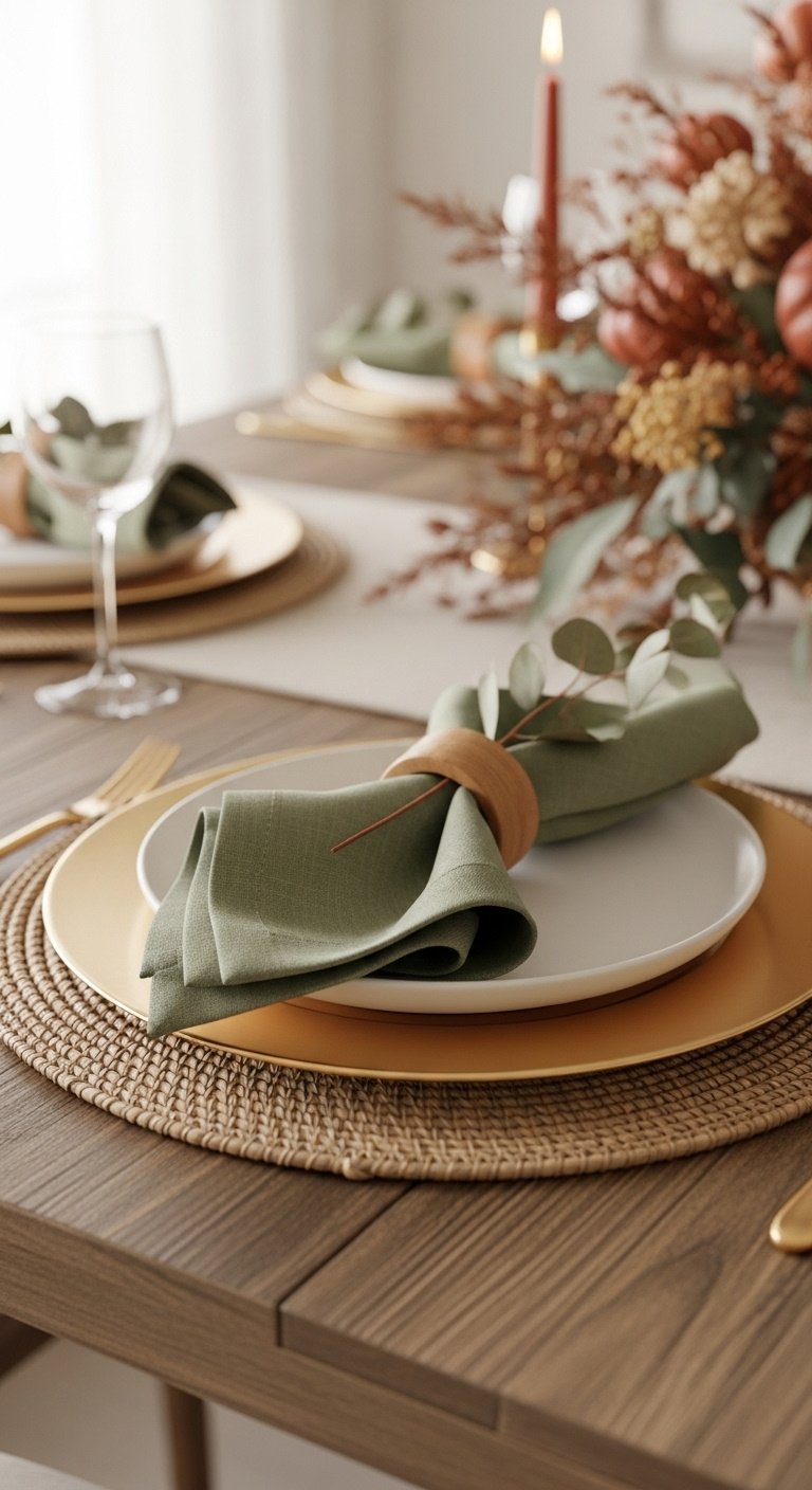 Fall kitchen table place setting with layered textures a woven placemat gold charger white plate sage green napkin and eucalyptus
