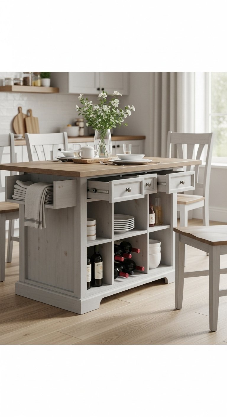 Farmhouse dining table with cabinet-style base featuring small drawers and open shelving for wine bottles and linens