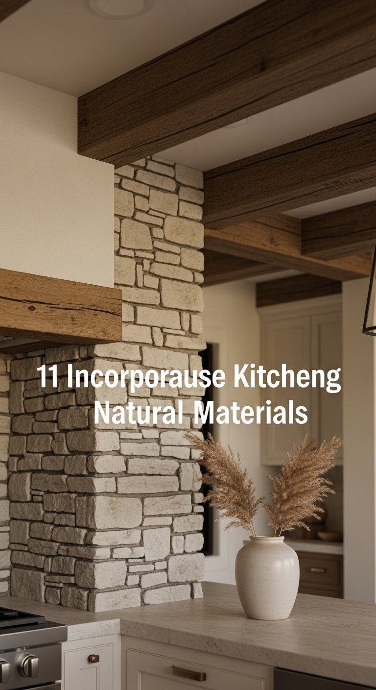Farmhouse kitchen corner with exposed rustic wood ceiling beams light stone accent wall and a ceramic vase with dried pampas grass
