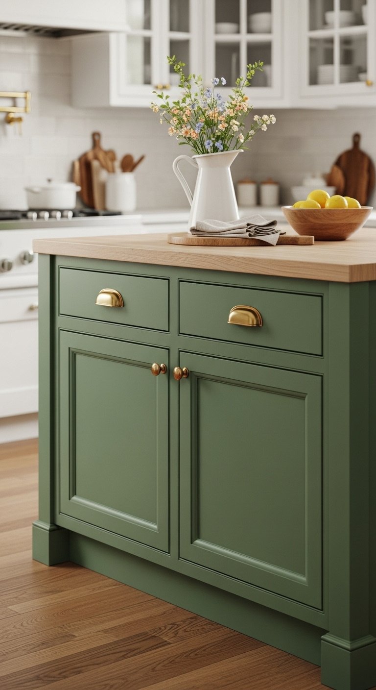 Farmhouse kitchen island painted sage green with butcher block top and brushed gold cup pulls on warm oak floor