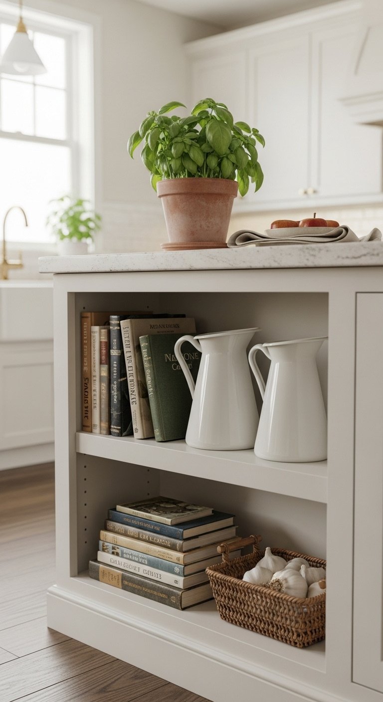 Farmhouse kitchen island with open shelves displaying vintage cookbooks white pitchers and a potted basil plant