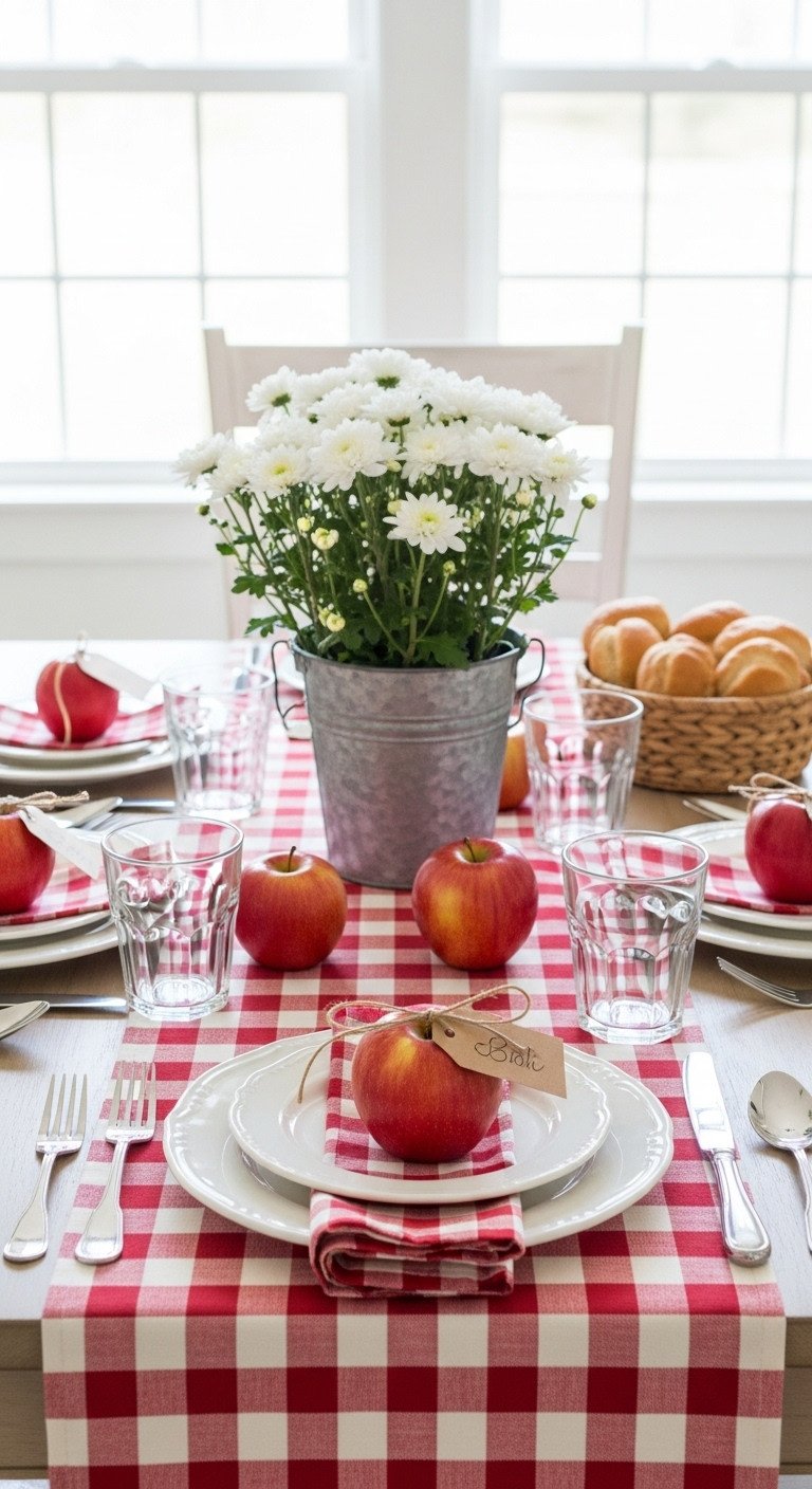Farmhouse red gingham Thanksgiving table decor with white plates red apples name tags galvanized bucket and white mums
