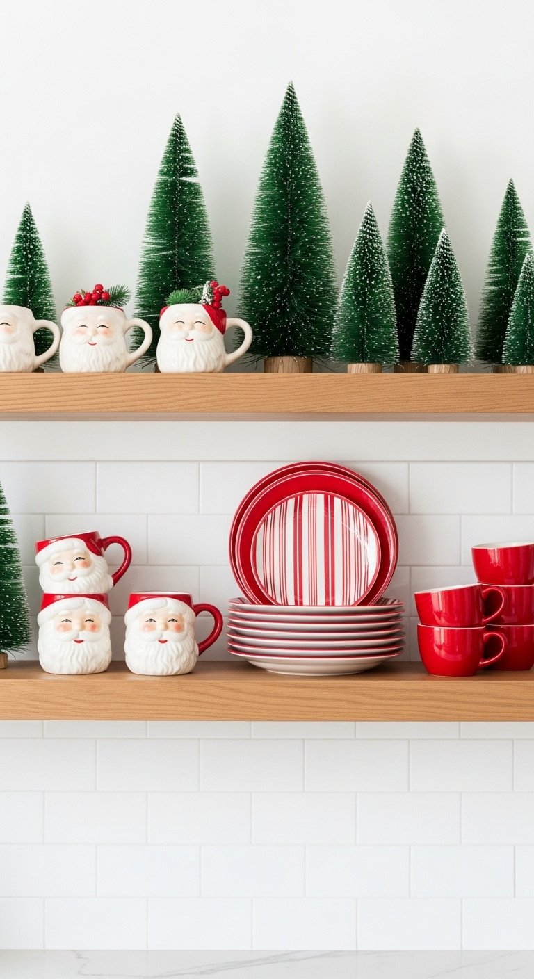 Festive open kitchen shelf with vintage Santa mugs red and white plates and green bottle brush trees