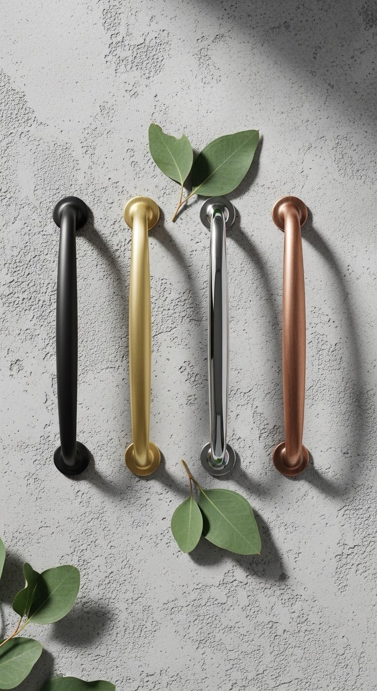 Flat lay of matte black, brushed brass, polished chrome, and antique copper cabinet pulls on a light gray concrete background