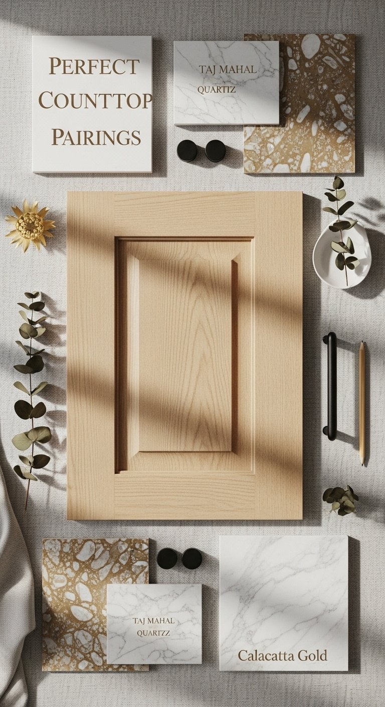 Flat lay of rift sawn white oak cabinet sample Taj Mahal quartzite Calacatta Gold marble and matte black hardware for kitchen design