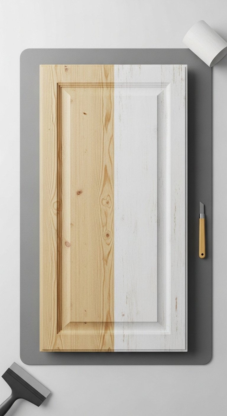 Flat panel cabinet door with half peel and stick wood grain vinyl and half original white laminate