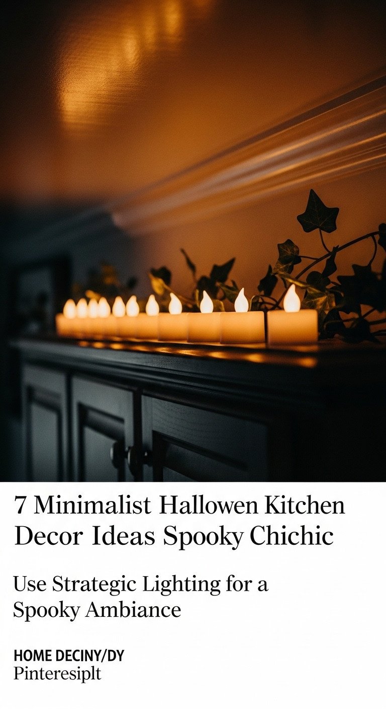 Flickering LED tea lights on a dark kitchen cabinet creating spooky ambiance with ivy garland