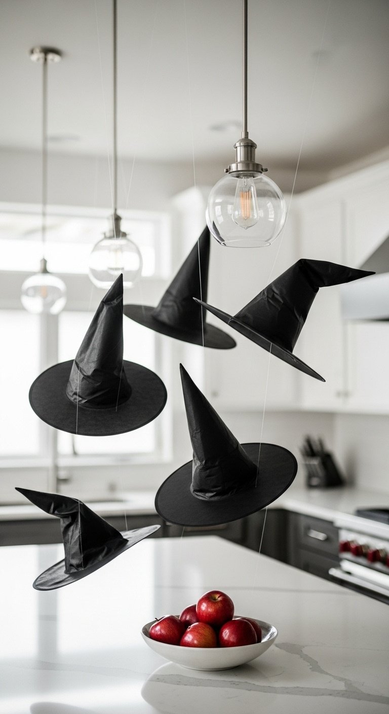 Floating black witch hats above a kitchen island with a bowl of apples in a modern kitchen setting