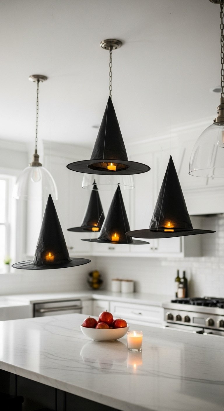 Floating black witch hats at different heights above a clean kitchen island with apples and a candle, illuminated by warm tea lights