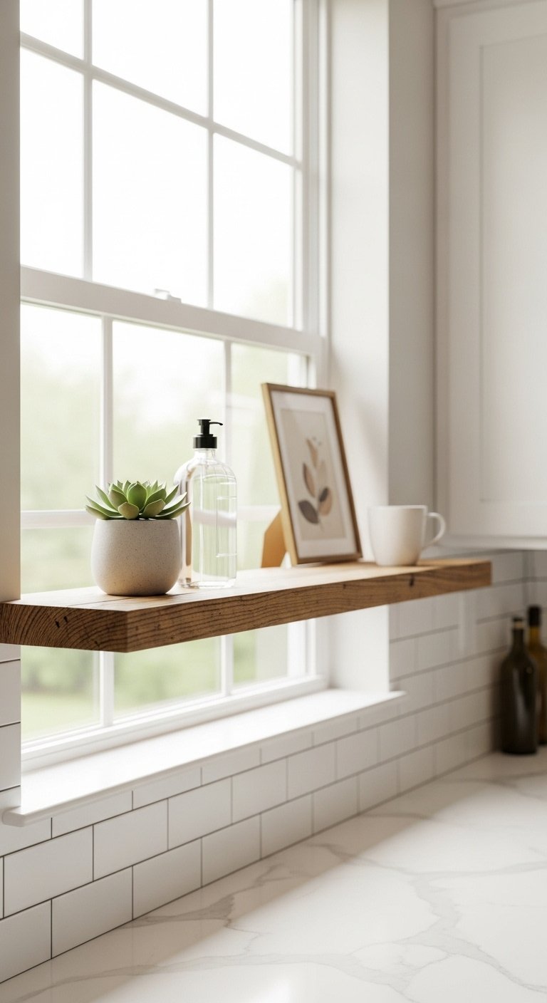 Floating reclaimed wood window shelf with succulent dish soap mug and framed art over kitchen sink with subway tile