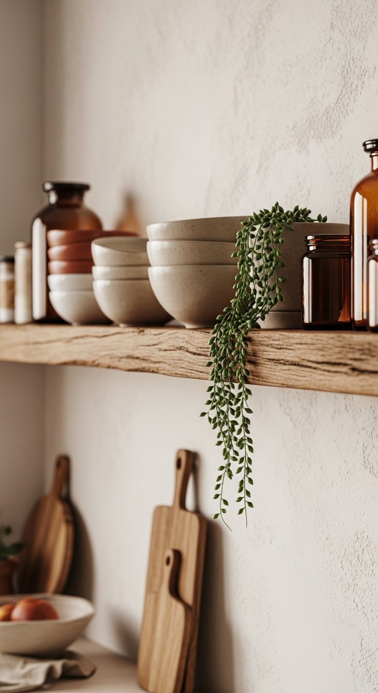 Floating shelf rustic reclaimed wood textured plaster wall ceramic bowls string of pearls plant amber glass jars wooden cutting board