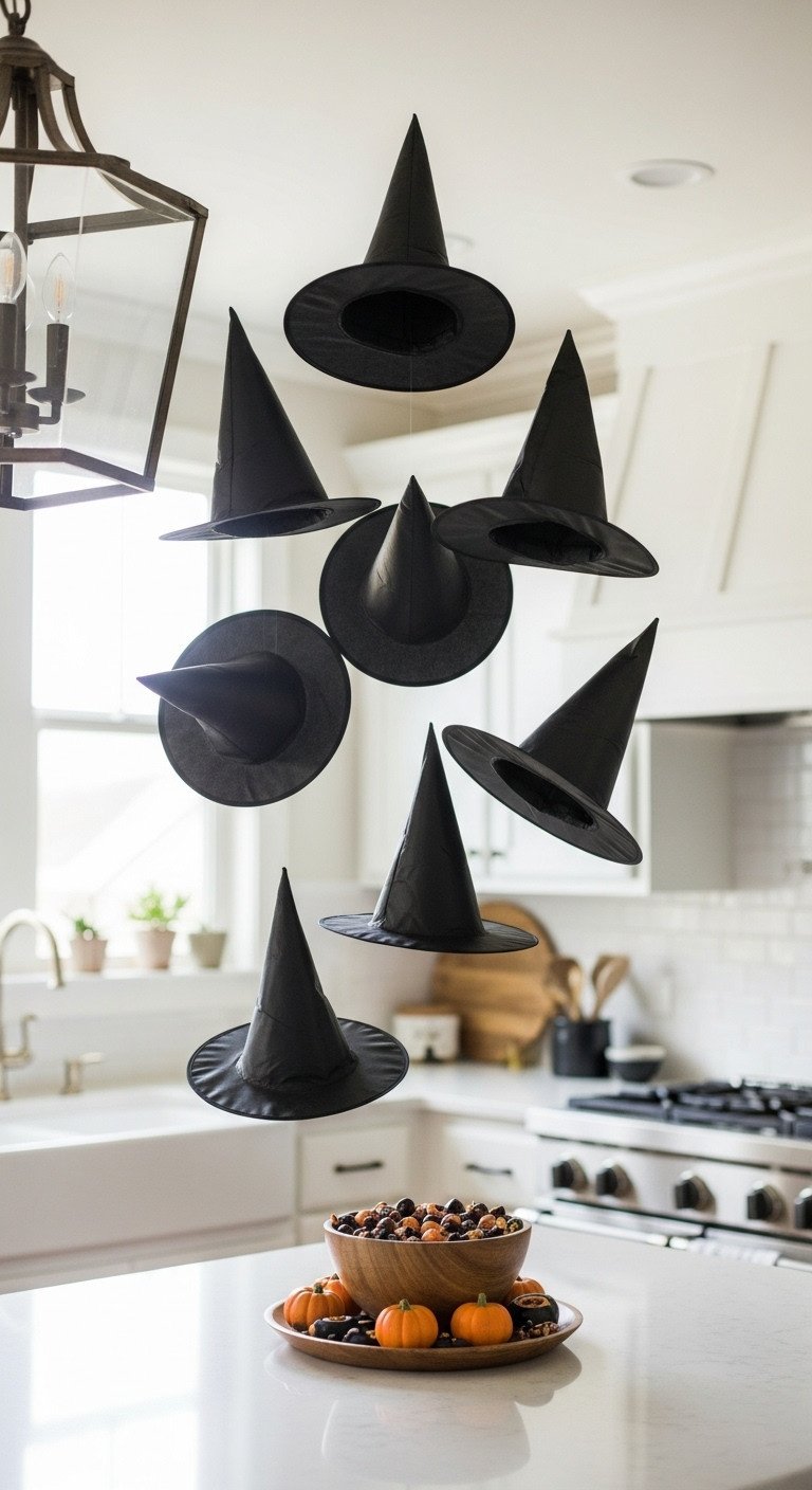 Floating witch hats above a kitchen island with blurred cabinets and a bowl of Halloween candy in a whimsical display