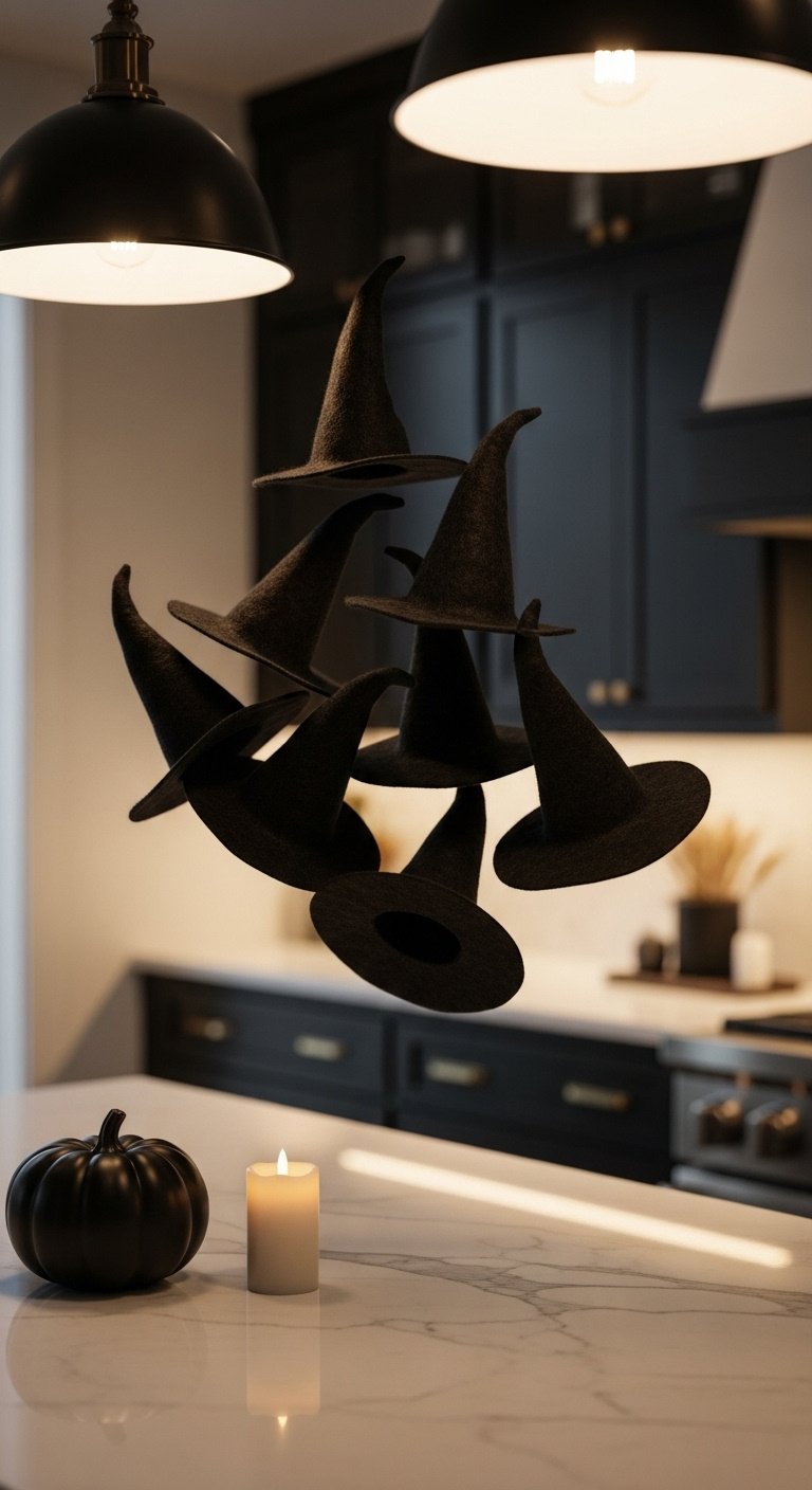 Floating witch hats above a stylish Halloween kitchen island with a matte black pumpkin and flickering candle