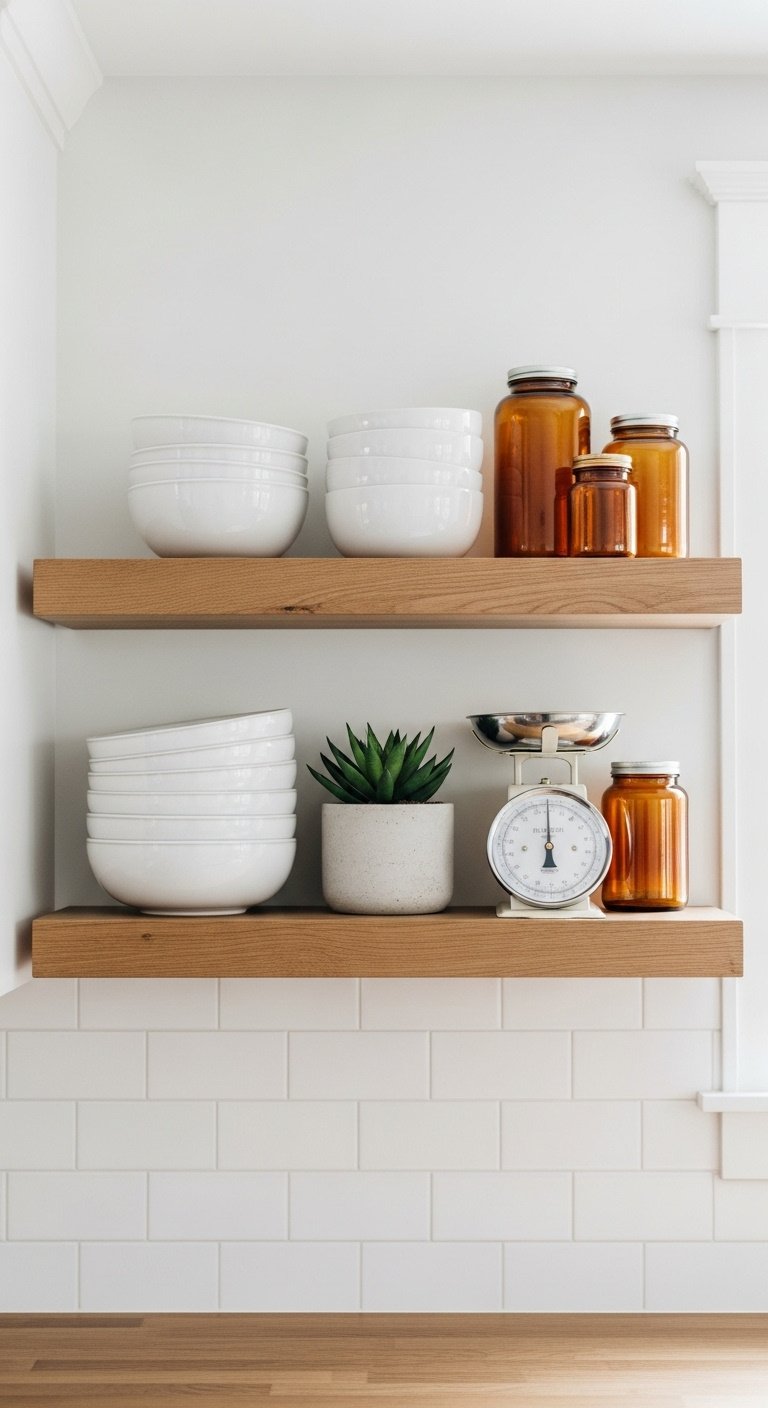 Floating wood shelves with white ceramic bowls, succulent, vintage kitchen scale, and amber jars in a farmhouse kitchen