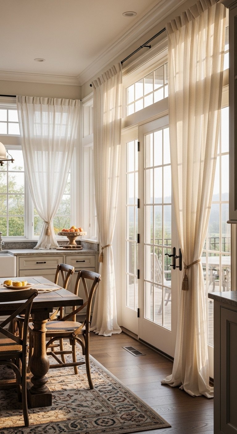 Floor-length off-white sheer curtains tied back with jute rope framing large kitchen window adjacent to sink with patio view
