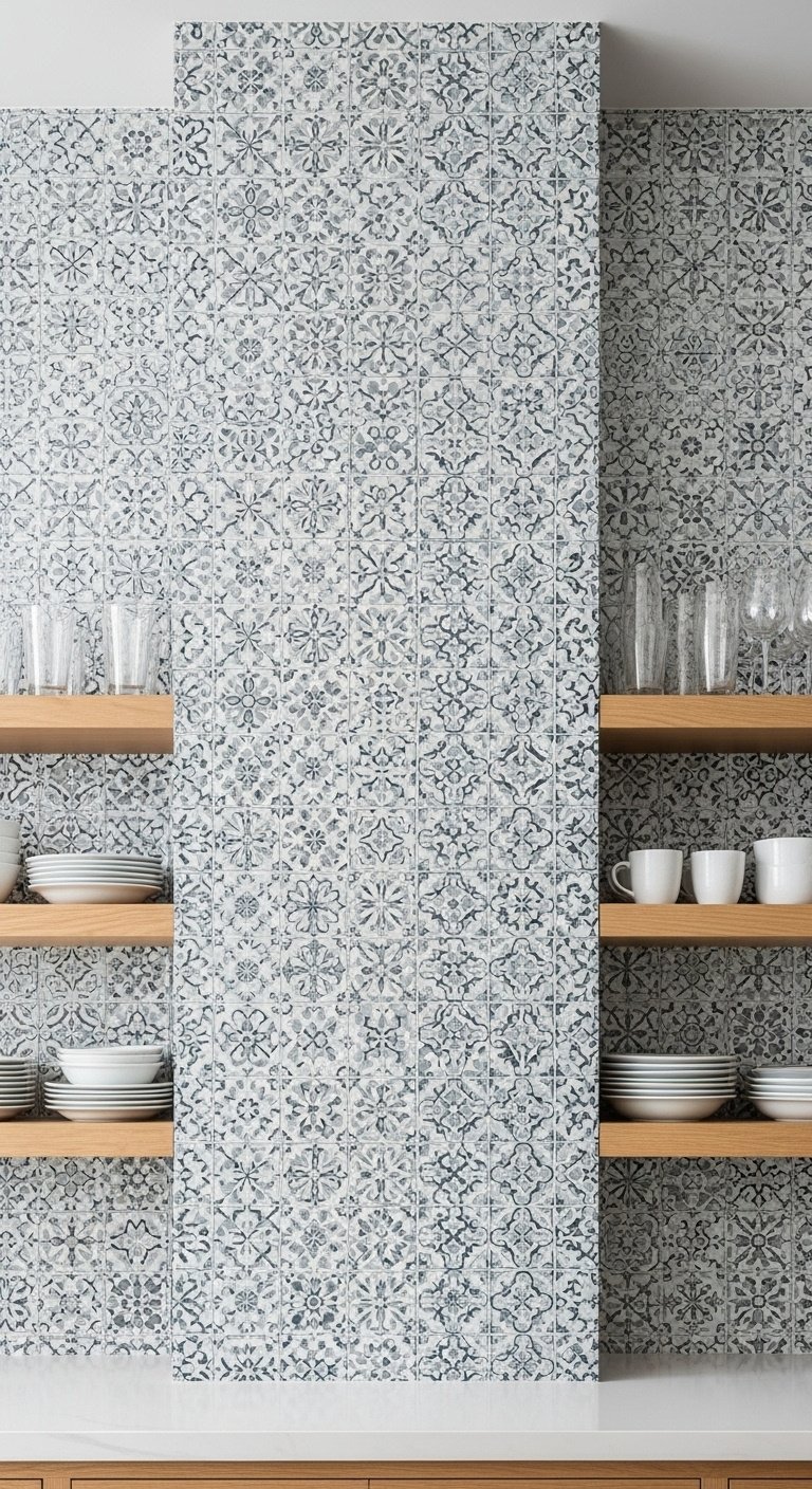 Floor to ceiling patterned mosaic tile backsplash with open light wood shelving neatly stacked white dishes and glassware
