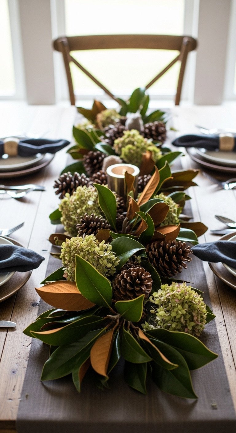 Foraged foliage Thanksgiving table runner with magnolia branches pinecones and dried hydrangeas on a rustic wooden table