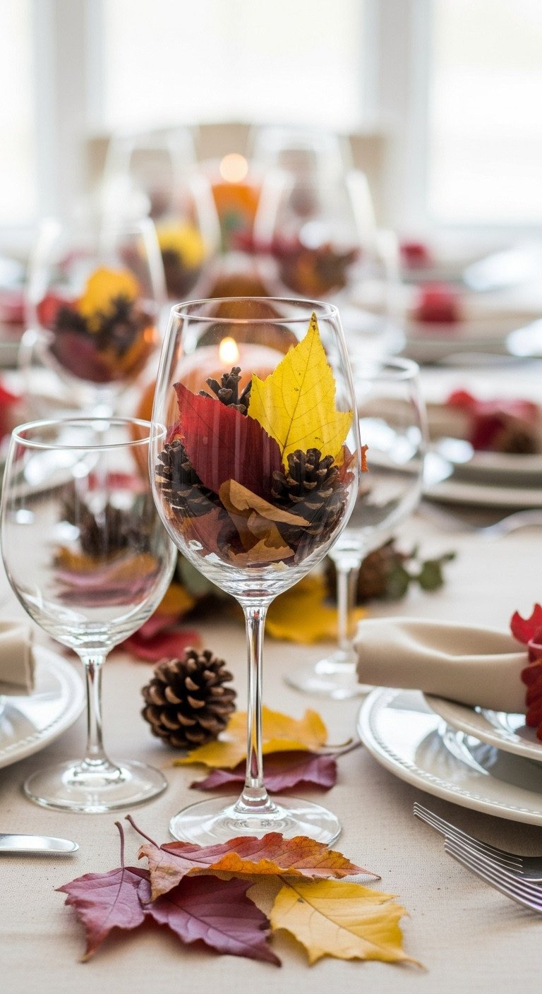 Foraged leaf and pinecone table scatter with autumn leaves pinecones wine glasses and plates on a cream tablecloth