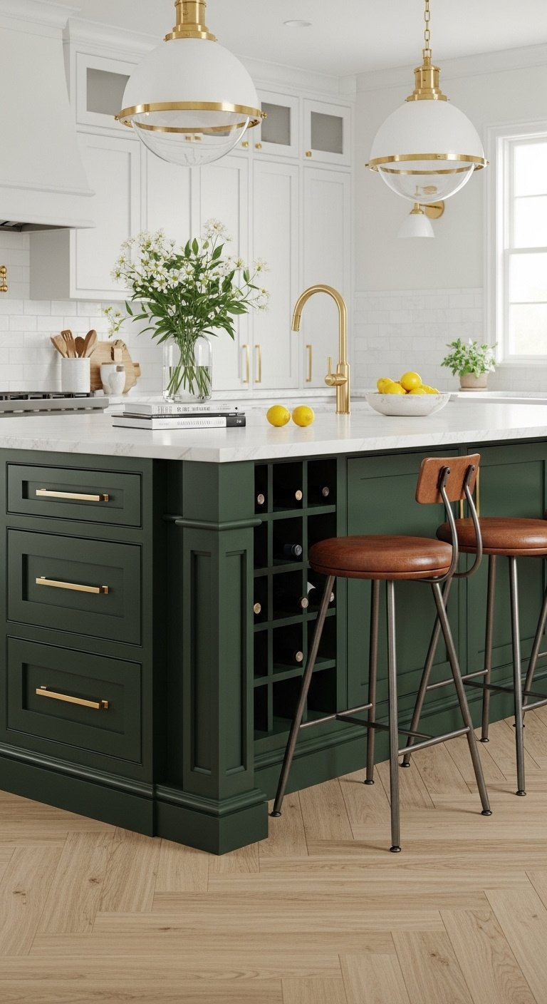 Forest green kitchen island with deep drawers wine rack concealed cabinets leather stools and white marble countertop