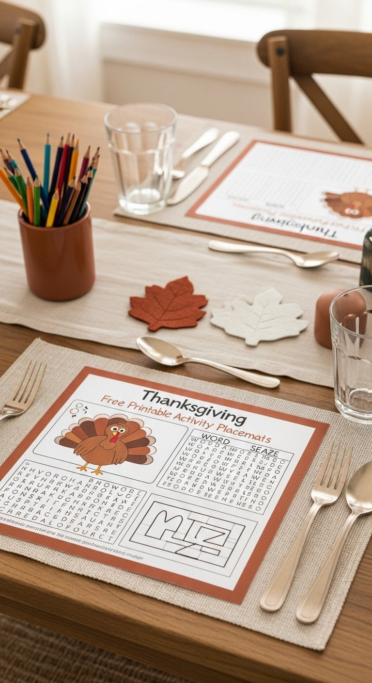 Free printable Thanksgiving activity placemat for kids with turkey coloring word search and maze with colored pencils and felt leaf