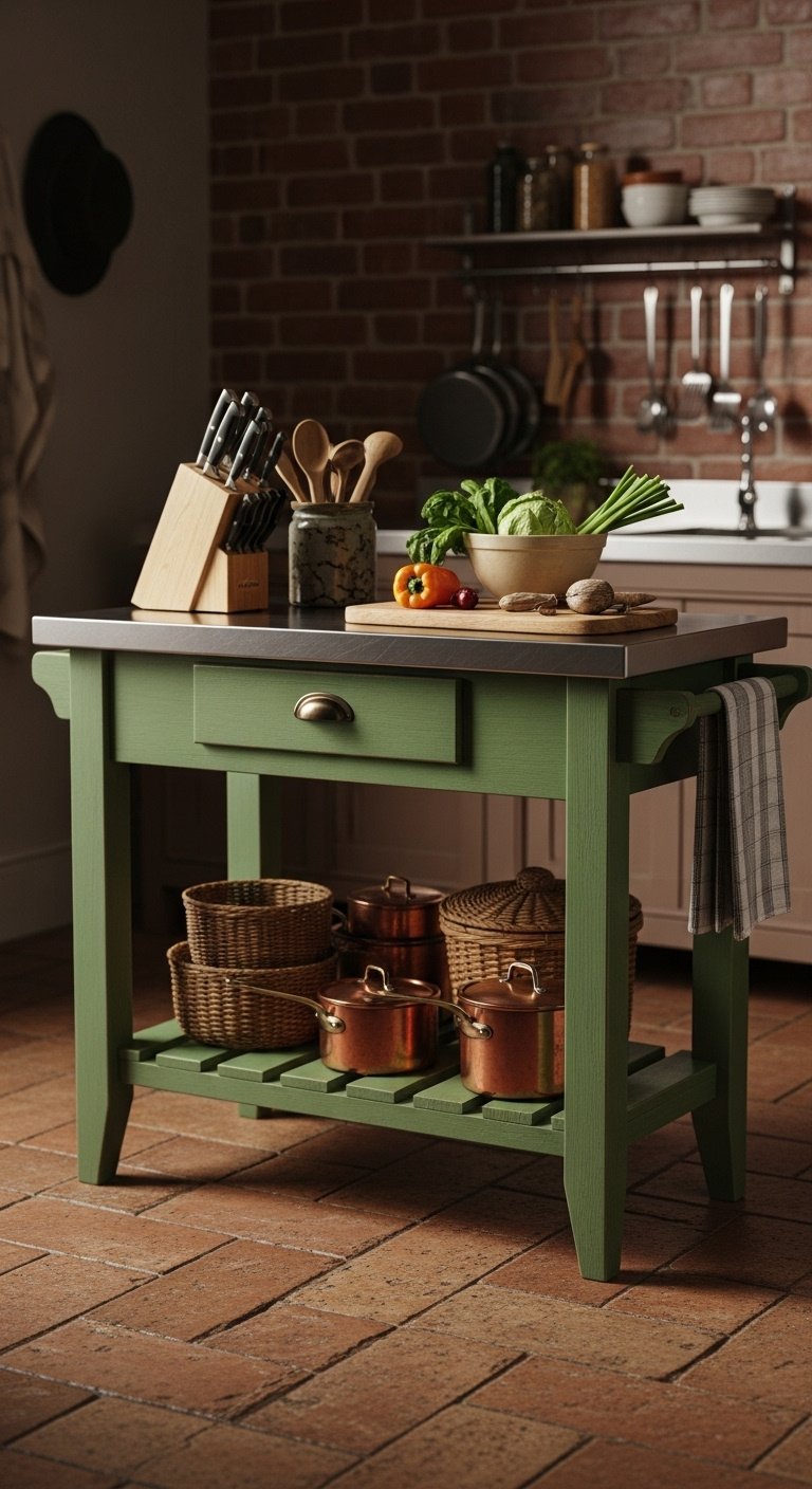 Freestanding celery green work table kitchen island with stainless steel top copper pots and brick wall