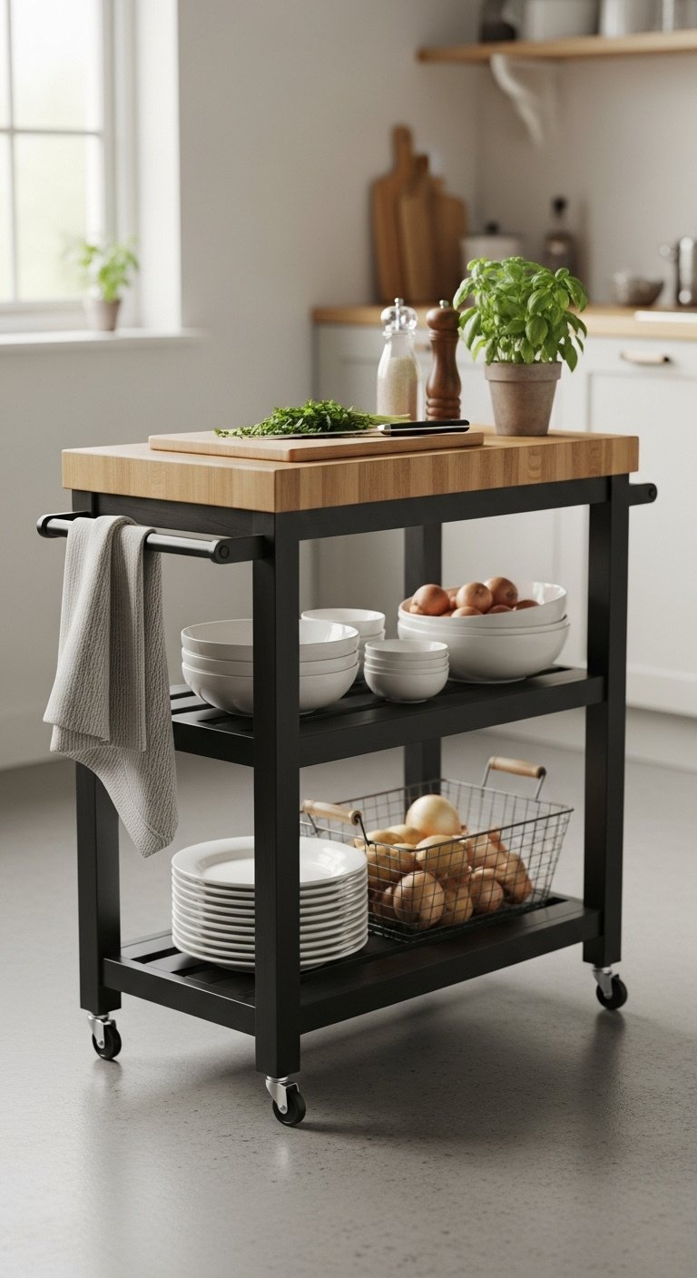 Freestanding kitchen ideas for small spaces and budgets with movable island and open shelving