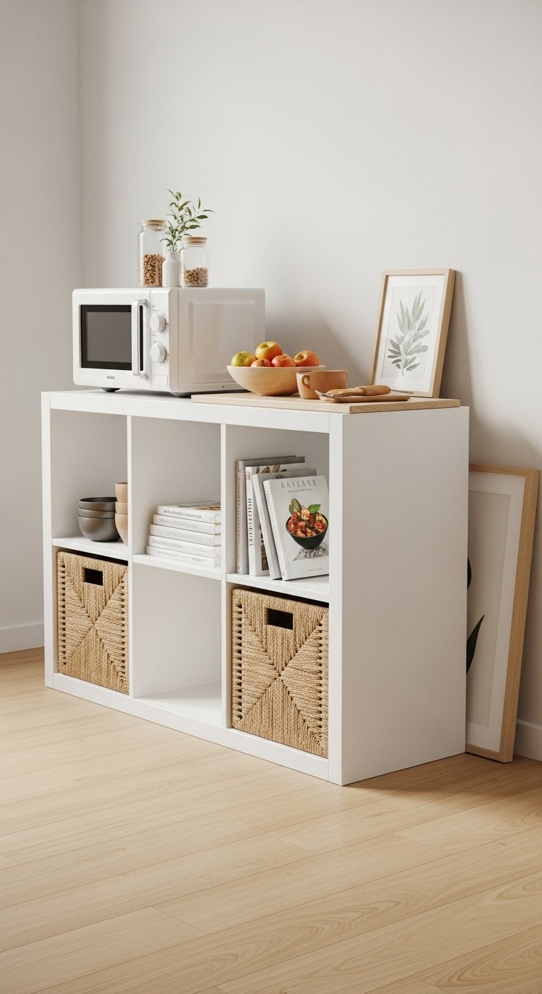 Freestanding kitchen with movable island open shelves and a slim range for small spaces