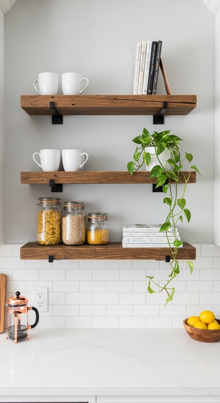 Freestanding kitchen with movable island pantry cabinet and open shelves for small spaces