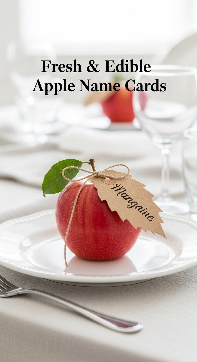 Fresh and edible apple name card with leaf-shaped kraft paper tag and twine on a simple white plate