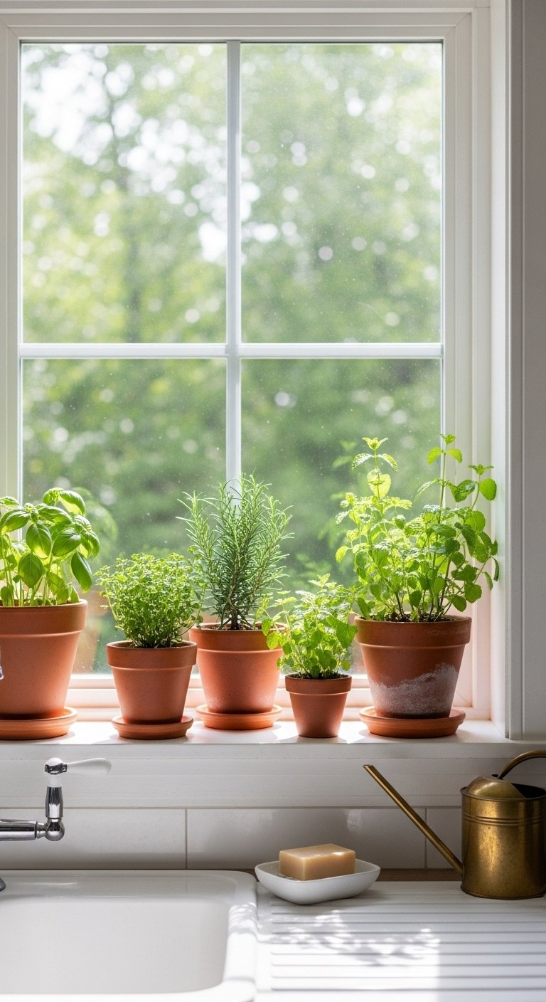 Fresh herbs in terracotta pots on a bright kitchen windowsill with a brass watering can and green trees outside