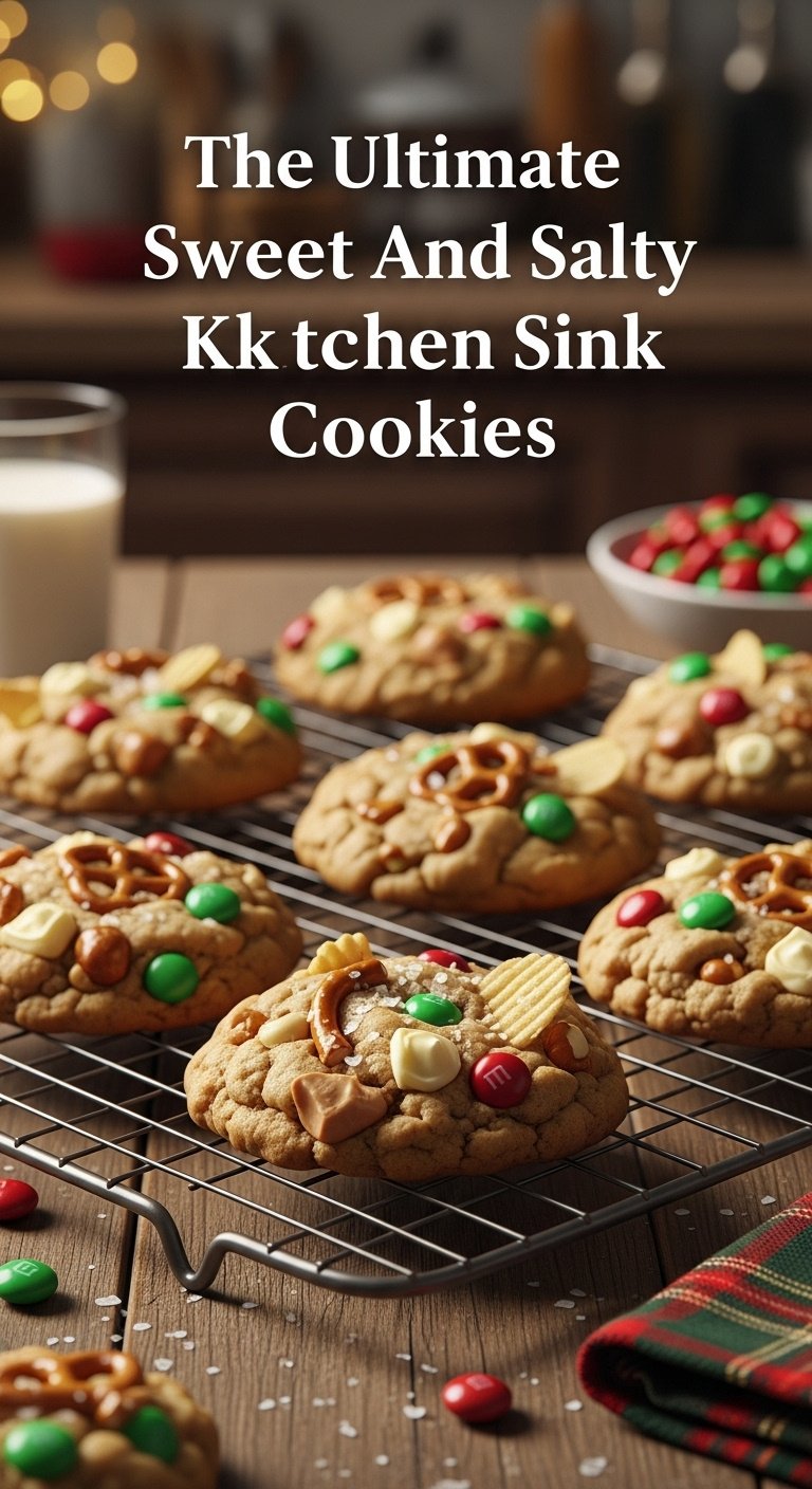 Freshly baked Christmas Kitchen Sink Cookies cooling on a rustic wire rack with MMs pretzels chips white chocolate and sea salt