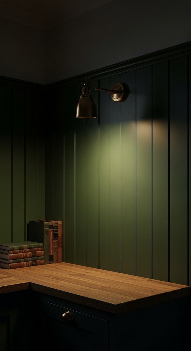 Full immersion green walls and paneling in a cozy kitchen corner with deep green vertical wood paneling and rustic wood countertop