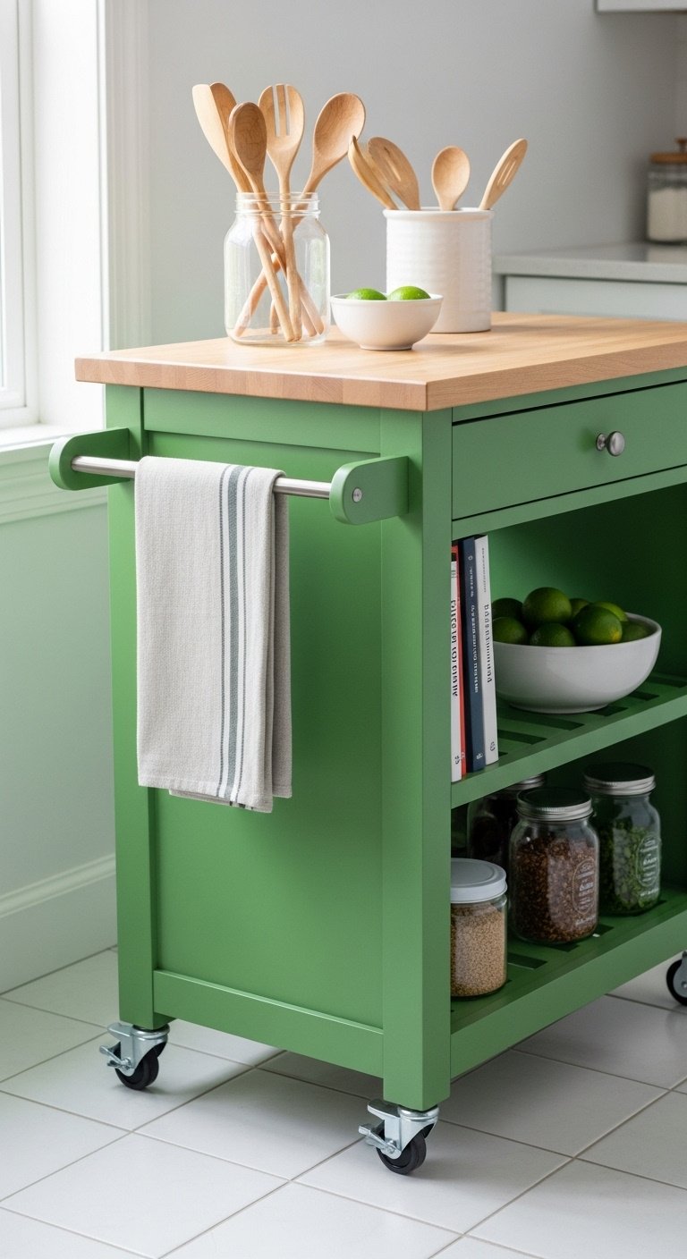 Functional kelly green rolling kitchen island cart with butcher block top towel bar and caster wheels