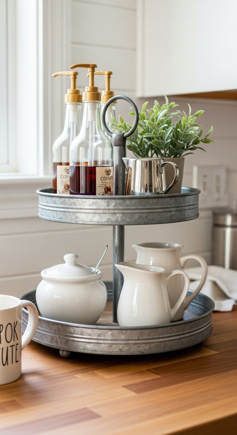 Galvanized metal and wood tiered tray with sugar bowl milk pitcher coffee syrup bottles faux plant and mug on butcher block counter