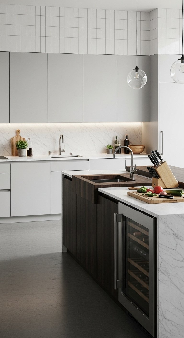 Genius kitchen layout ideas with island featuring an L-shape design and waterfall counter