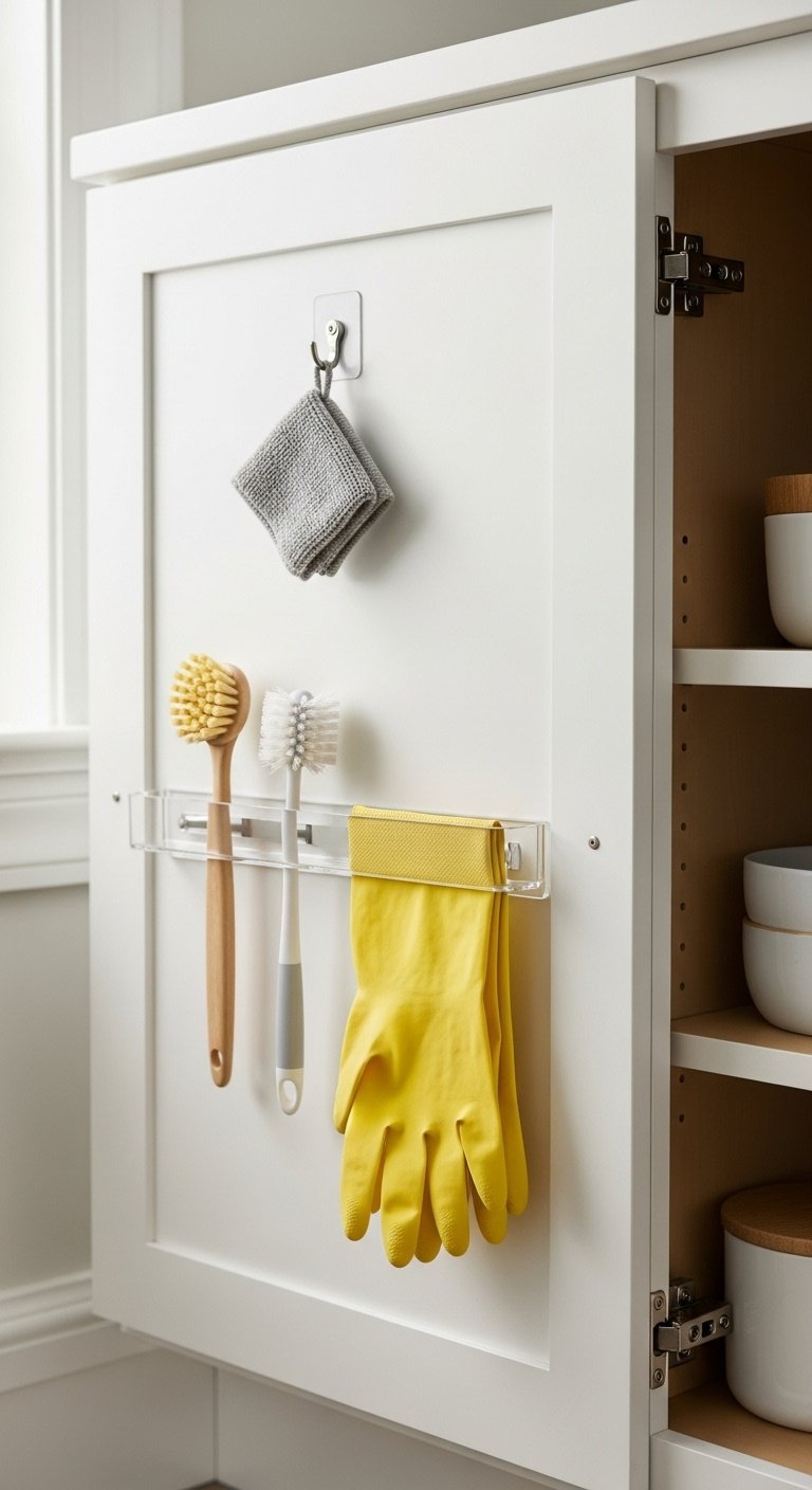 Genius kitchen sink organization featuring caddy drying rack and pull out under sink storage