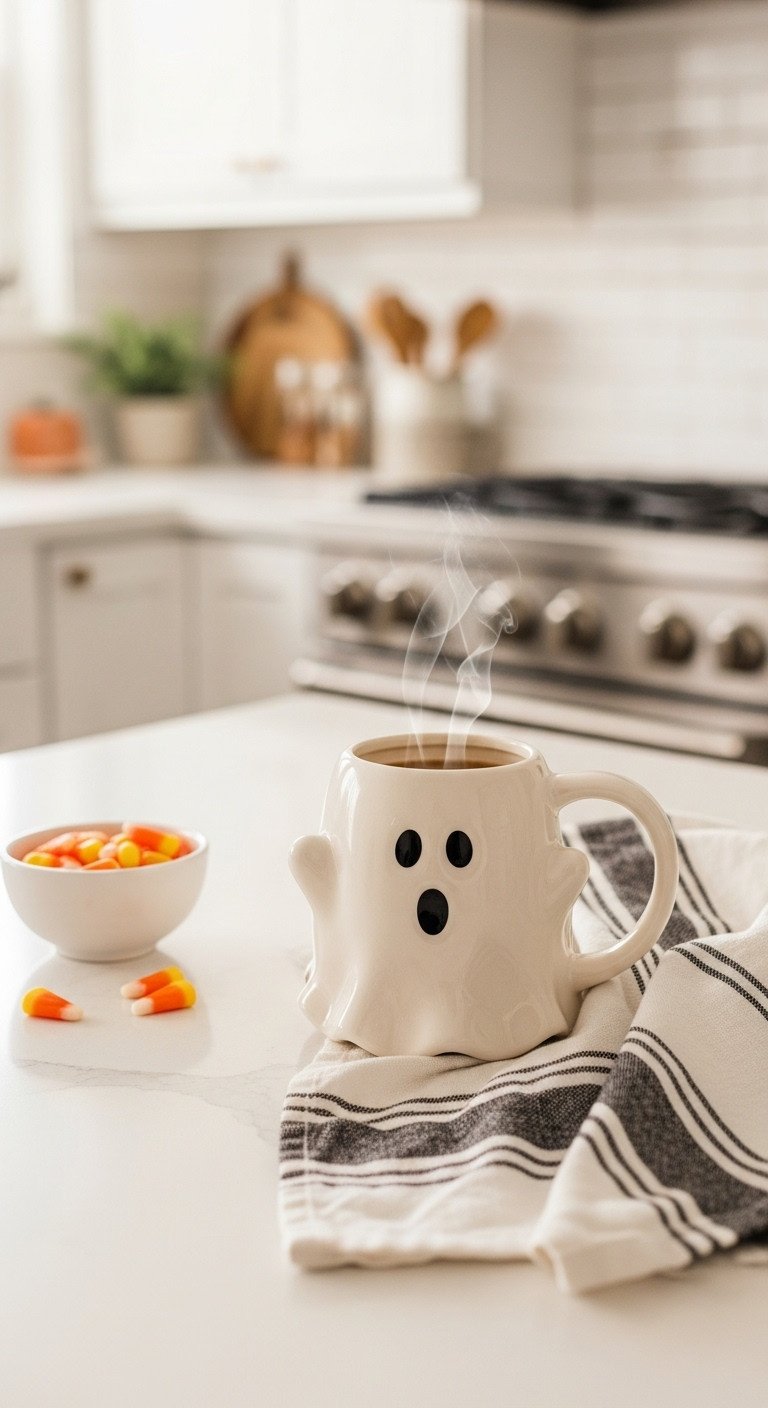 Ghost shaped ceramic mug with coffee and black white striped Halloween dish towel on kitchen counter