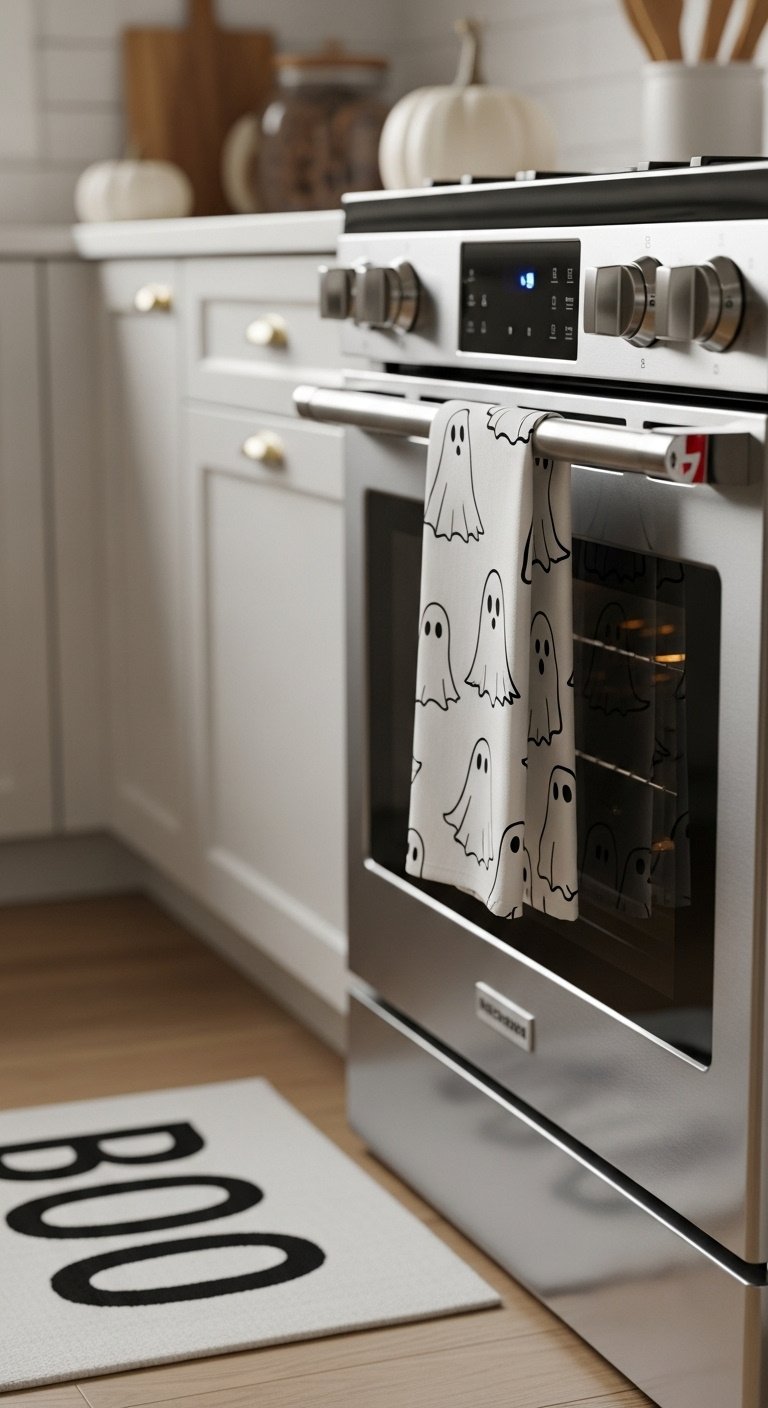 Ghost themed kitchen towel on an oven handle with a matching BOO doormat and white pumpkin in a modern kitchen