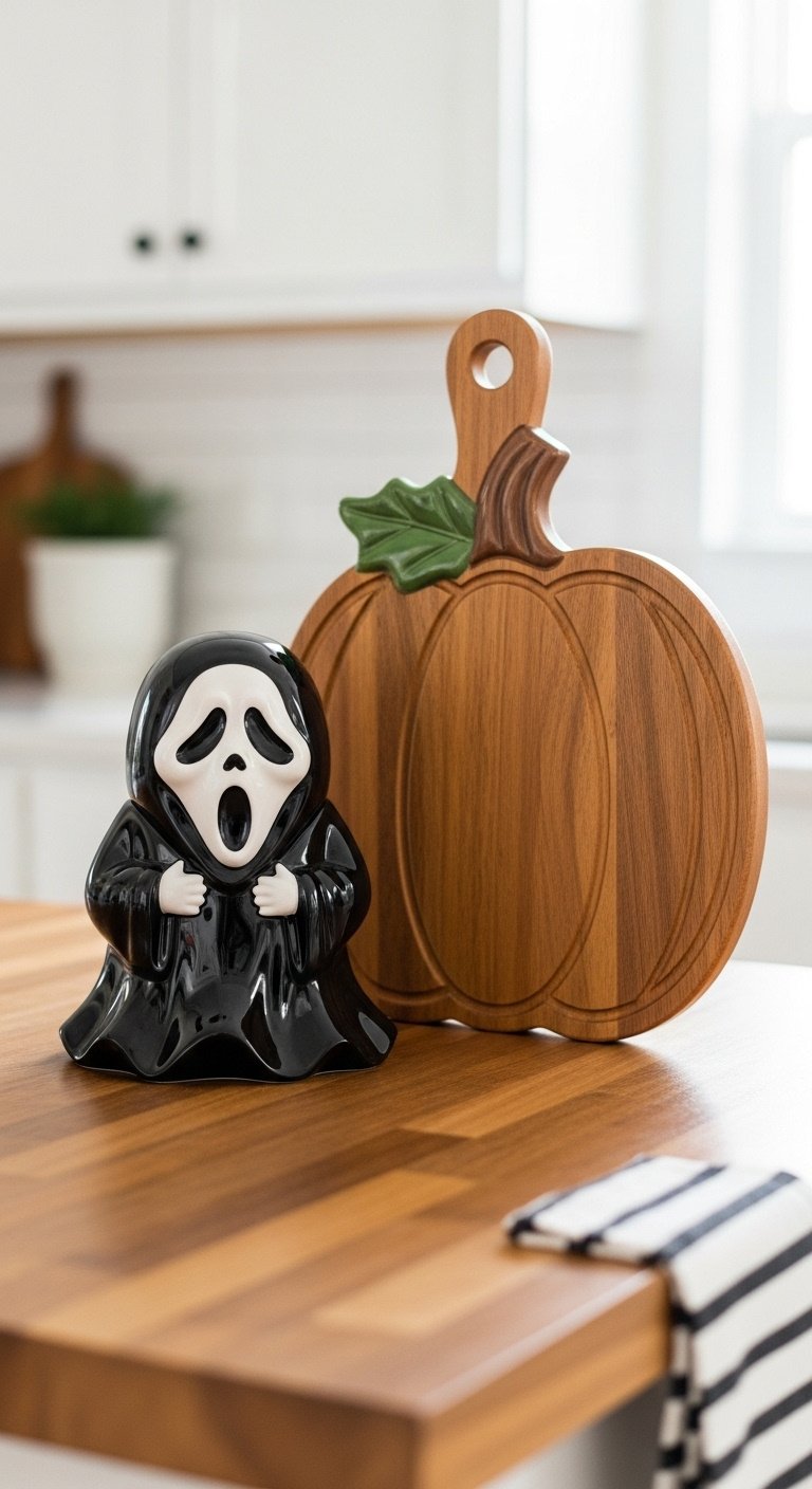 Ghostface cookie jar and pumpkin cutting board on a butcher block kitchen countertop with a striped towel