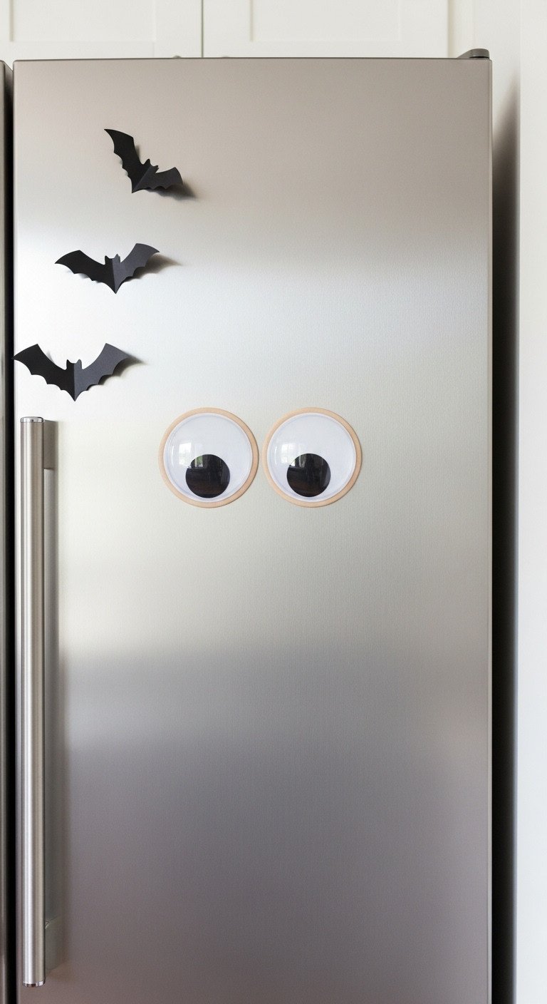 Giant googly eyes on a stainless steel refrigerator with flying black bats for a whimsical Halloween kitchen decor