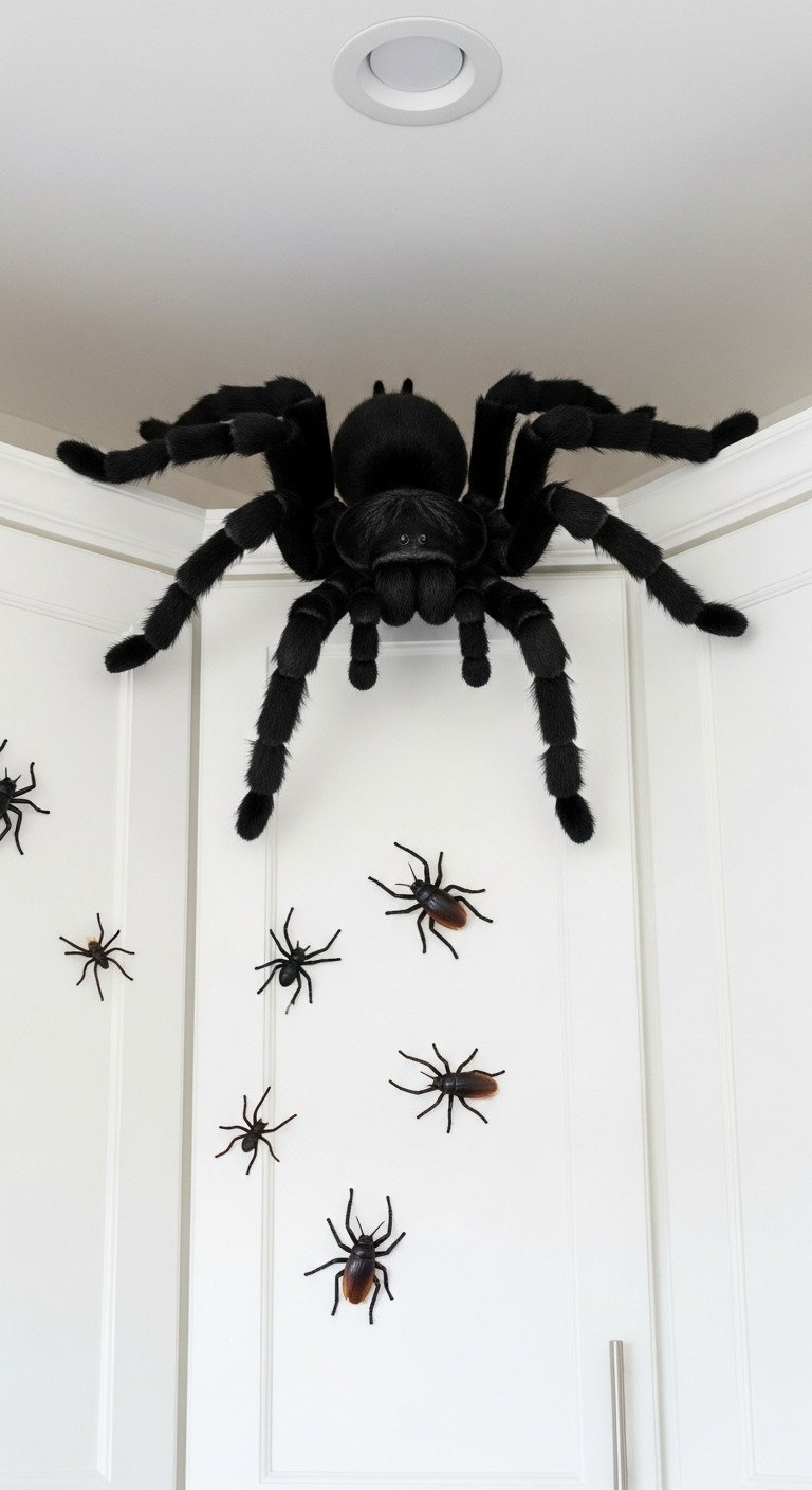 Giant hairy tarantula and smaller plastic spiders crawling over a white kitchen cabinet in a creepy fun Halloween display