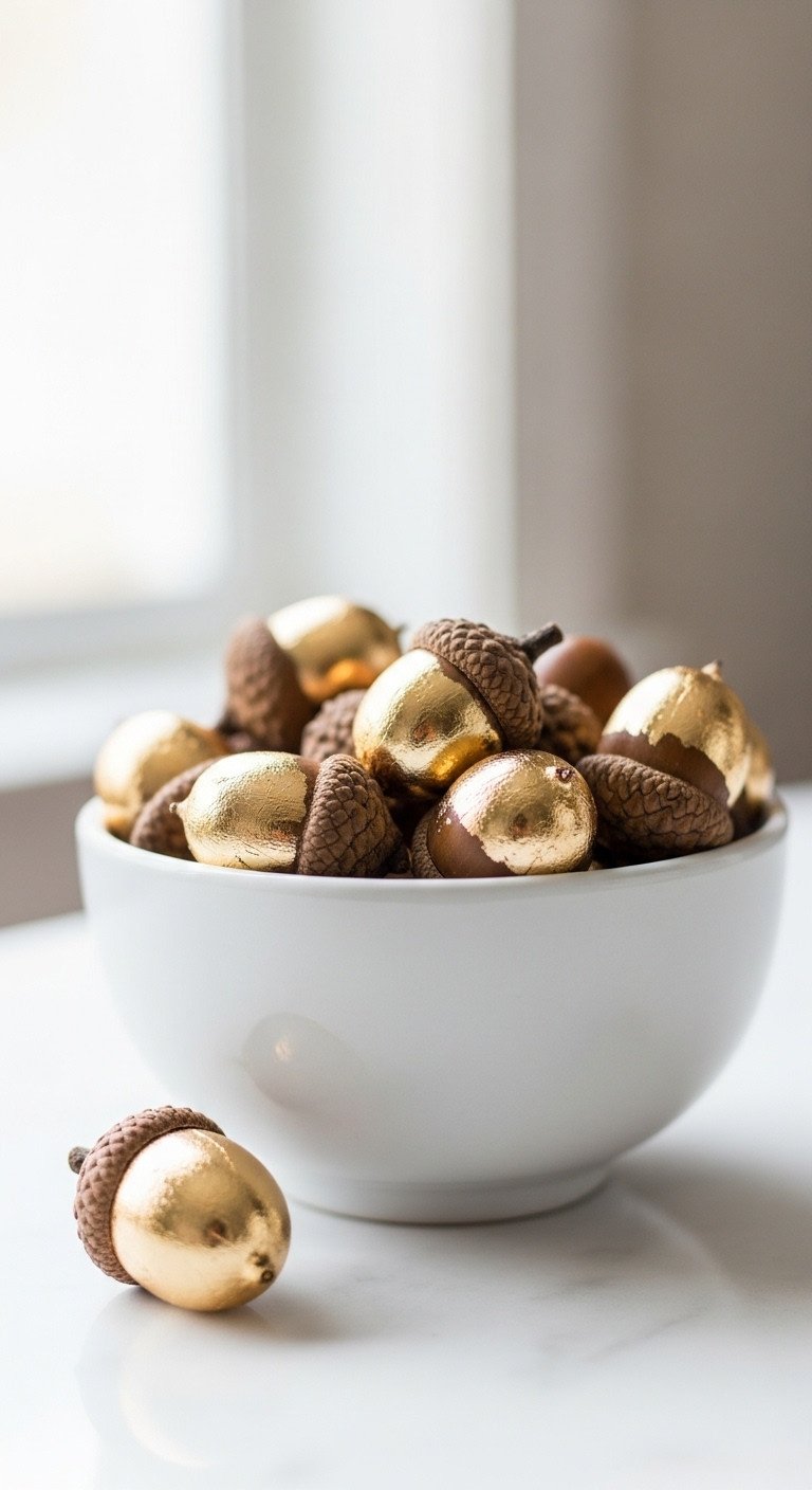 Gilded gold-leaf acorn accents in a small white bowl on a white marble surface with natural and gold painted acorns