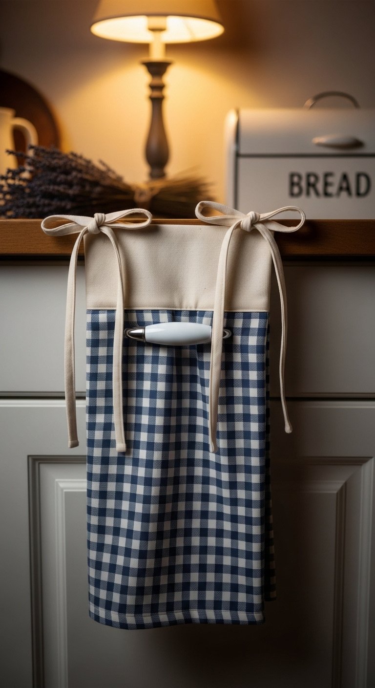 Gingham kitchen towel with cream tie tops tied in a bow around a white enamel cabinet handle