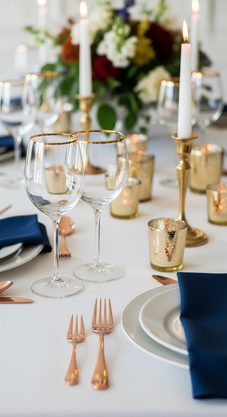 Glamorous Thanksgiving table setting with gold-rimmed glasses copper silverware and gold votive candle holders