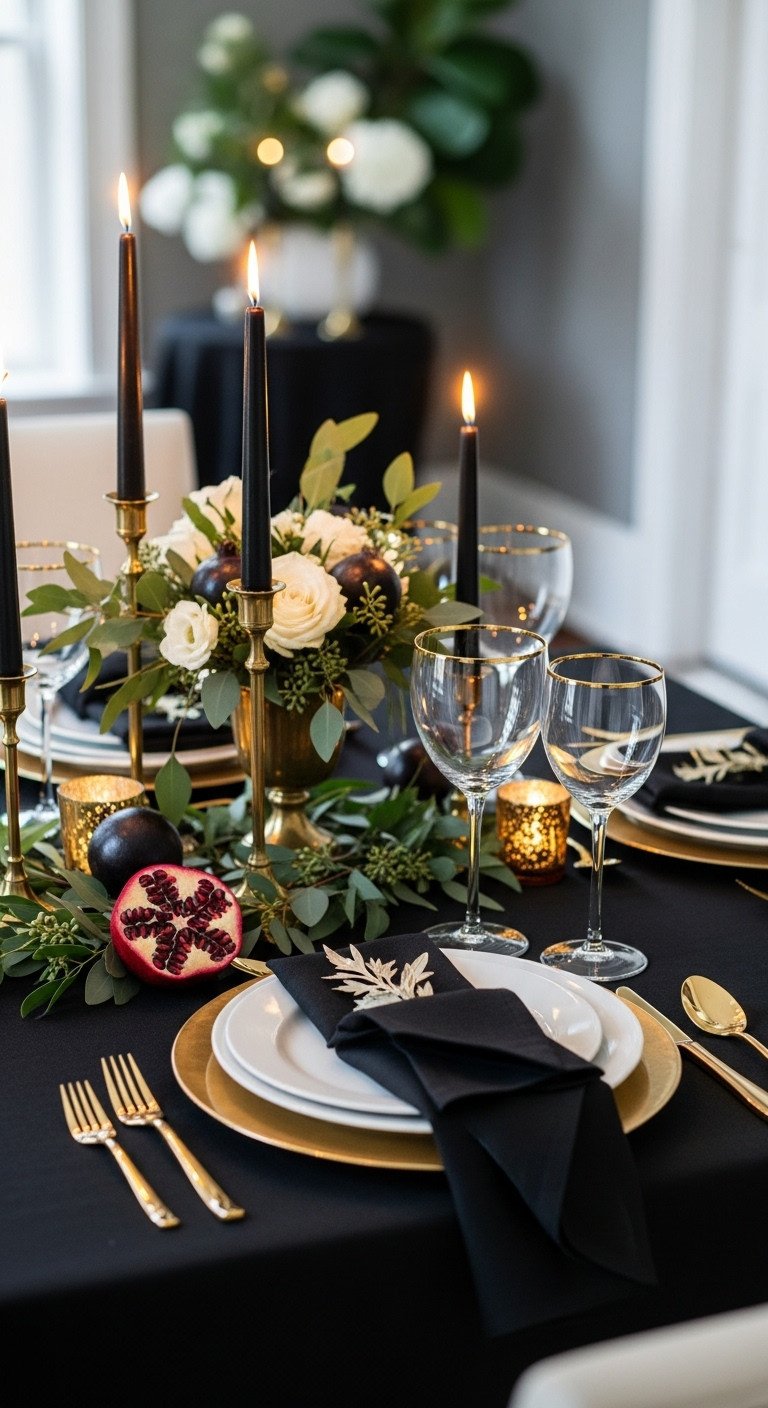 Glamorous black and white Thanksgiving table with gold accents black tablecloth white plates gold flatware and eucalyptus rose pomegranate centerpiece