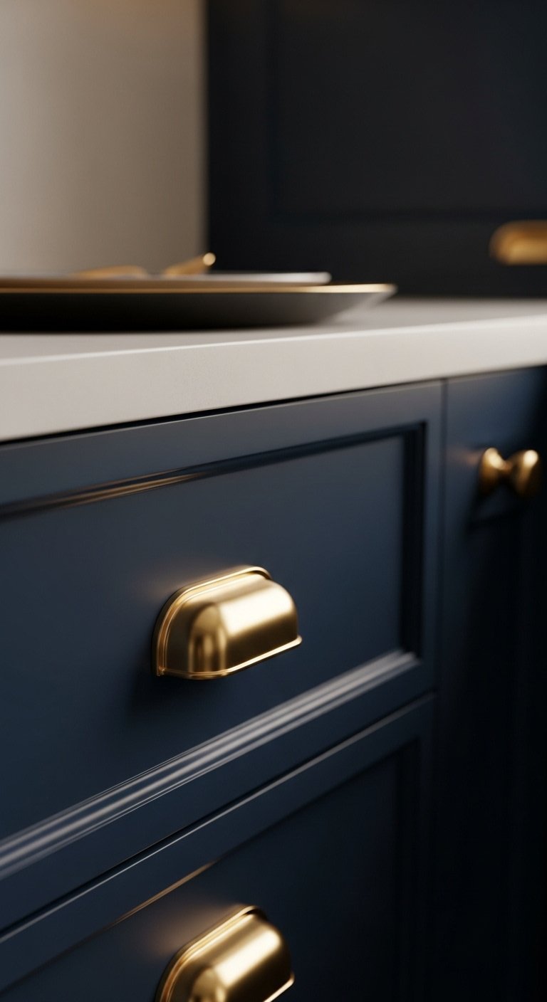 Glamorous deep navy blue cabinet drawer with elegant brushed gold handle and white countertop